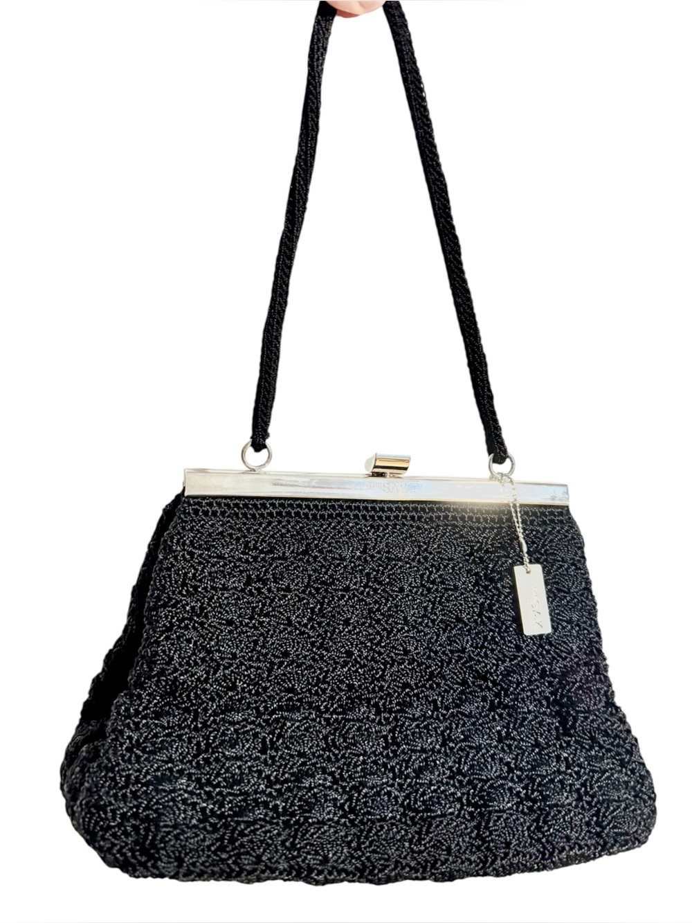 Vintage Sak Elliot Lucca Co Black Crochet Kiss Lock Frame Evening Bag Purse Y2K